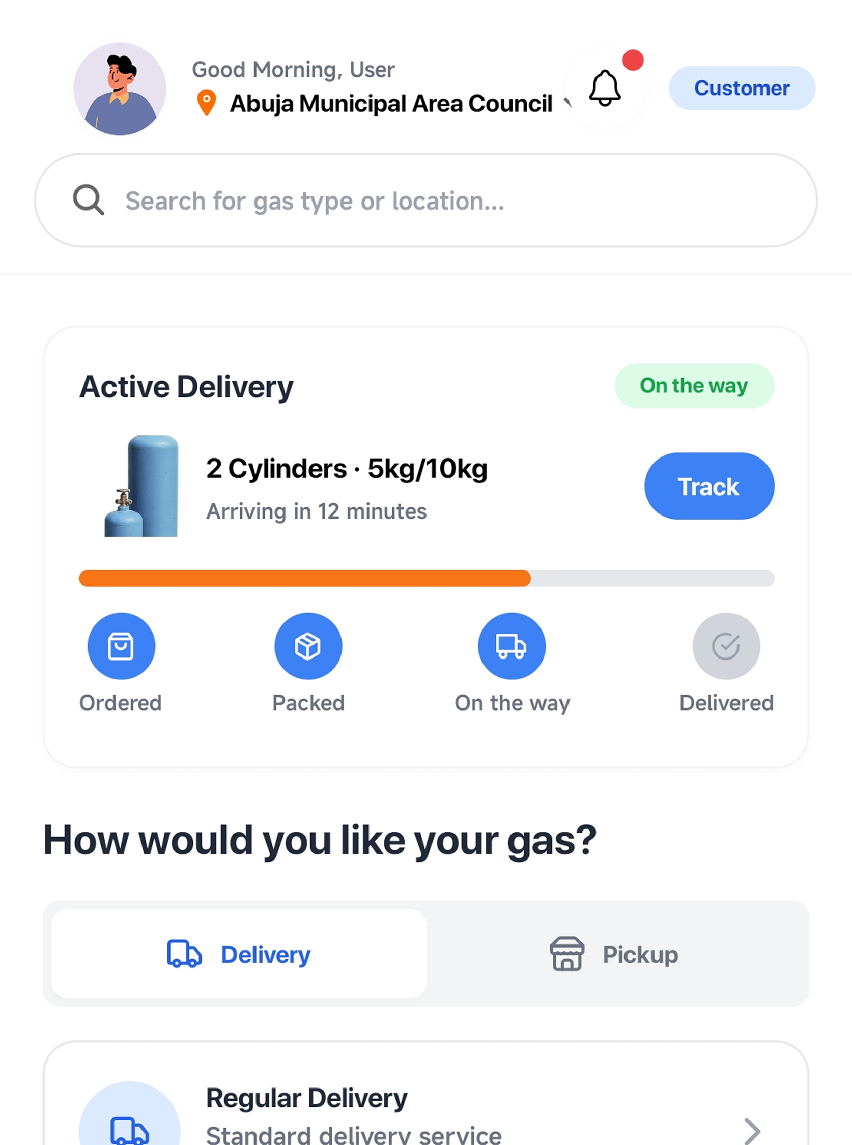 Gas Delivery App Interface